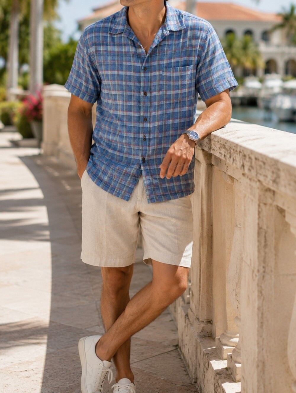 Tommy Bahama 100% Silk Blue Plaid Short Sleeve Button-Down Camp Shirt Men's
